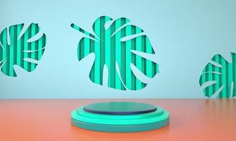 Mockup, podium, display with monstera leaves tropical plant background, 3d render photo