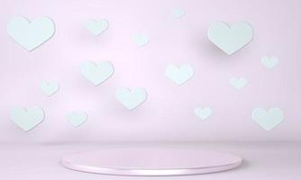 Valentine's Day interior with pedestal, hearts. Stand, podium, pedestal for goods. Love greeting card. 3d photo