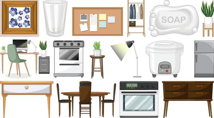 Furniture and household appliances on white background