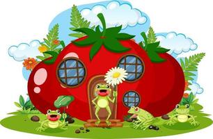 Fantasy tomato house with cartoon frogs vector