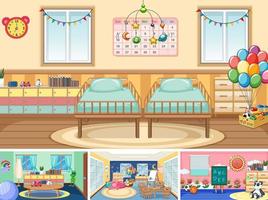 Set of different kindergarten classroom scenes vector