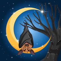 Cartoon bat with crescent moon background vector