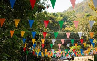 Many multicolored triangular flags adorn the blurred garden. photo