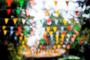 Many multicolored triangular flags adorn the blurred garden. photo