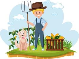 Farmer with fork and fresh corn vector