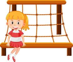 Girl sitting on climbing rope wall net playground vector