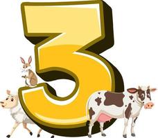 Different three farm animals attached to number three vector