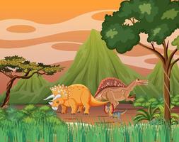 Nature scene with trees on mountains with dinosaur vector