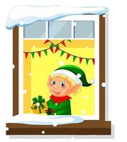 ver a través de la ventana del duende navideño vector