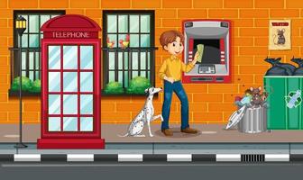 ATM on street scene with a man withdraw money vector