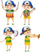 Set of boy wearing cap playing music instrument vector