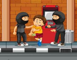 ATM scene with a boy threatened from two robbers vector