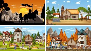 Set of different scene medieval with silhouette vector