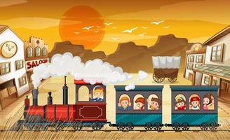 Train riding with children at sunset vector