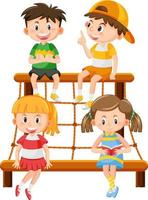 Student sitting on climbing rope wall net playground vector