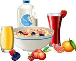 juego de desayuno con cereales y zumo de frutas y leche