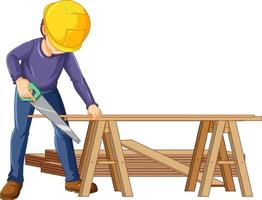 un trabajador de la construcción cortando madera vector