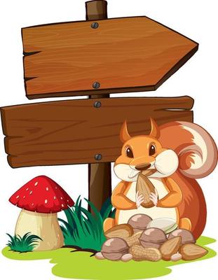 Wooden signs with cute squirrel in garden