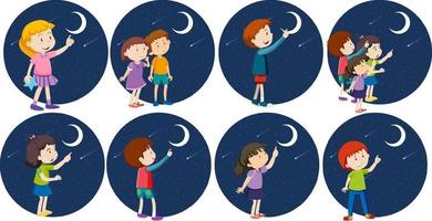 Set of different kids looking at the moon vector