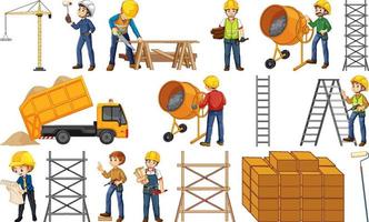 Set of construction site objects and workers vector