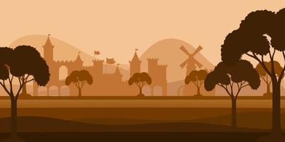 Landscape scene silhouette with medieval town vector