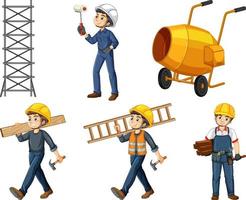 Set of construction site objects and workers vector