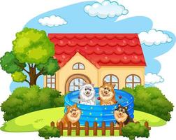 Many dogs playing outside the doghouse vector