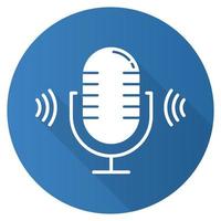 Blue microphone flat design long shadow glyph icon. Voice scan software idea. Modern sound recording equipment. Stereo frequency, speech recognize. Volume amplifier. Vector silhouette illustration