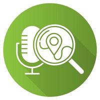 Green geolocation voice request flat design long shadow glyph icon. Location search idea. Sound control, microphone command, magnifying glass. Smart assistant. Vector silhouette illustration