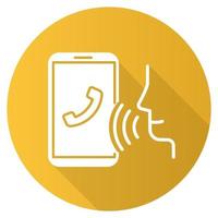 icono de glifo de sombra larga de diseño plano de marcación de voz amarilla. idea de llamada de teléfono inteligente. control de voz, reconocimiento de voz. conversación telefónica. función de teléfono celular, diálogo. ilustración de silueta vectorial vector