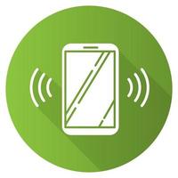 Green ringing smartphone flat design long shadow glyph icon. Mobile voice control idea. Sound command. Loud volume, audio frequency. Phone call, vibro signal. Vector silhouette illustration