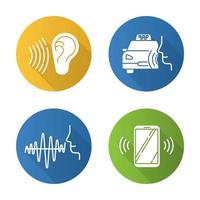 Speech recognizing flat design long shadow glyph icons set. Voice control idea. Soundwave, voice command, cab order. Interactive response system. Talk and listen. Vector silhouette illustration