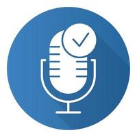 Blue microphone installation flat design long shadow glyph icon. Sound recorder connected idea. Successful connection. Voice control, speech recognition process. Vector silhouette illustration