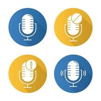 Microphone connection problems flat design long shadow glyph icons set. Sound recording mistake idea. Voice record equipments. Portable mics. Error notification. Vector silhouette illustration