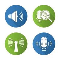 Voice control apps flat design long shadow glyph icons set. Mobile voice commands idea. Sound recorder, smart devices, search request. Innovative wireless technology. Vector silhouette illustration