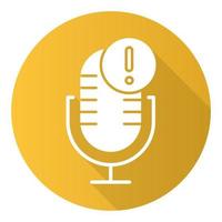 Yellow microphone technical error flat design long shadow glyph icon. Sound recorder connection problem idea. Voice control mistake. Recording equipment. Vector silhouette illustration