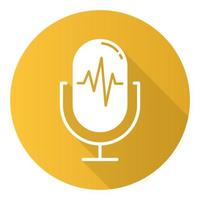 Yellow voice recording process flat design long shadow glyph icon. Sound recorder idea. Soundwave, waveform, speaker. Speech signal, voice message accessory. Vector silhouette illustration