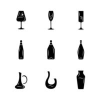 Winery glassware glyph icons set. Different types of wine. Decanters, bottles, glasses. Aperitif drinks, cocktails, alcohol beverages. Silhouette symbols. Vector isolated illustration