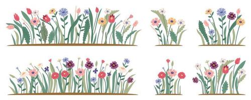 bosque de primavera y flores de jardín aisladas en conjunto blanco. vector