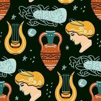 Seamless pattern with antique statue of woman, amphora, harp, pattern vector