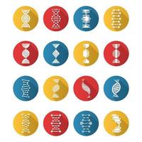 DNA helix flat design long shadow glyph icons set. Deoxyribonucleic, nucleic acid structure. Spiraling strands. Chromosome. Molecular biology. Genetic code. Genetics. Vector silhouette illustration