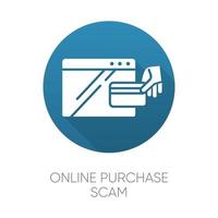 Online purchase scam blue flat design long shadow glyph icon. Internet shopping scheme. Illegitimate seller. Fake retailer website. Cybercrime. Phishing. Consumer fraud. Vector silhouette illustration