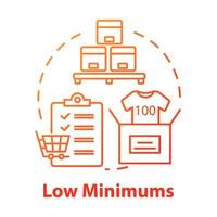 Low minimums concept icon. Risk management. E commerce. Shipping service. Logistics. Purchase and delivery of goods idea thin line illustration. Vector isolated outline drawing