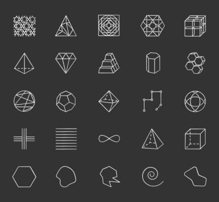 Geometric figures chalk icons set. Squares, circles and triangles. Pyramid. Prism models. Complex abstract shapes. Isometric forms with lines and curves. Isolated vector chalkboard illustrations
