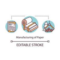 Manufacturing of paper concept icon. Local production idea thin line illustration. Cutting down trees for producing paper. Small bussiness process. Vector isolated outline drawing. Editable stroke