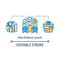 Pilot product launch concept icon. Production strategy idea thin line illustration. Test sales. Trial run for project. Testing product by customers. Vector isolated outline drawing. Editable stroke