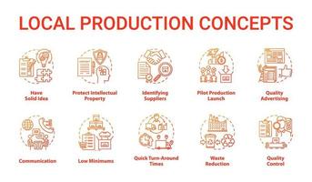 conjunto de iconos de concepto de producción local. planificación y puesta en marcha de pequeñas empresas. Actividad comercial. ilustraciones de líneas finas de la idea de gestión de la empresa. dibujos de contorno aislados vectoriales vector