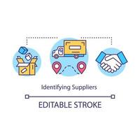 Indentifying suppliers concept icon. Local production system idea thin line illustration. Delivery of products. Logistics and distribution. Vector isolated outline drawing. Editable stroke