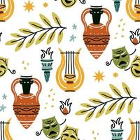 Seamless pattern with antique amphora, harp, olive branch, torch, mask vector