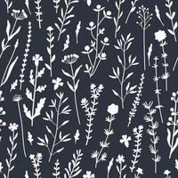 Seamless pattern of botanical elements silhouettes. Wild plants vector